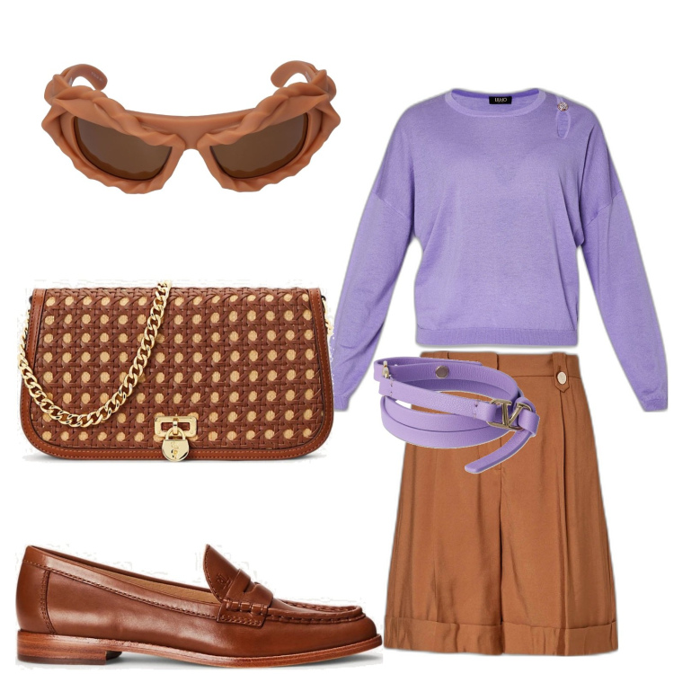 Outfit donna - Nel mood garconne con le bermuda. Stile Bon Ton per Tutti i giorni. look ideale per Petite. Abbinamento con mocassini, borse a spalla, braccialetti, occhiali da sole, maglieria, bermuda.