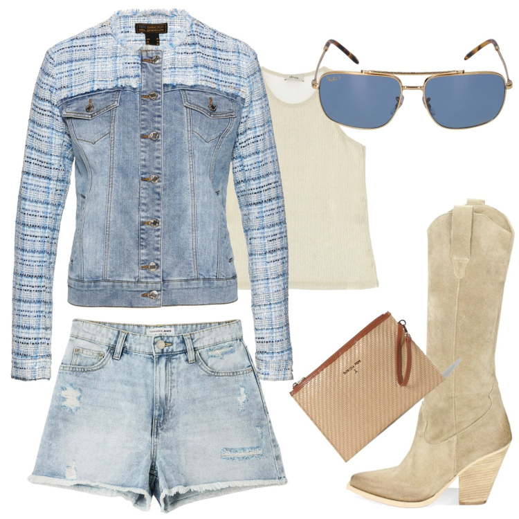 Outfit donna - Un cocktail di denim. Stile Chic per Tutti i giorni. look ideale per Petite. Abbinamento con blazer, shorts, stivali, top, occhiali da sole, clutch.