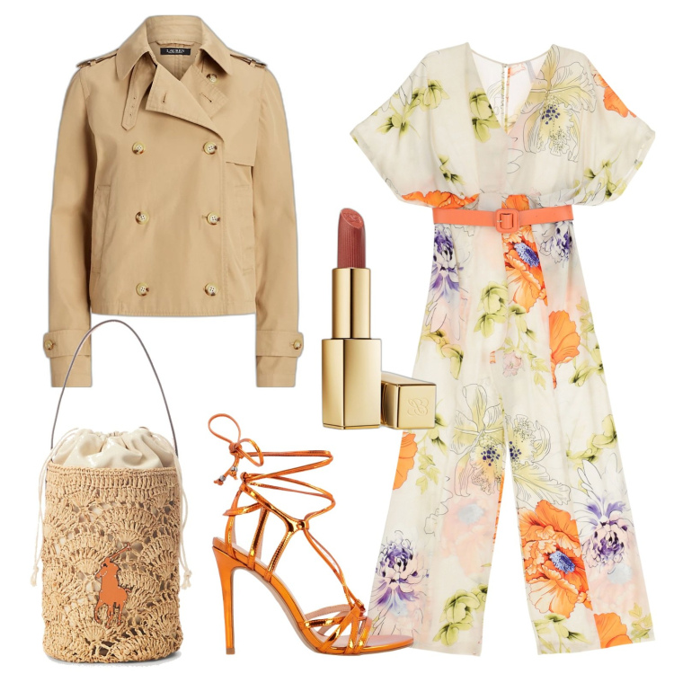 Outfit donna - Festa di primavera. Stile Glamour per Serata fuori. Abbinamento con rossetti, sandali in pelle, tute, cappotti, borse a secchiello.