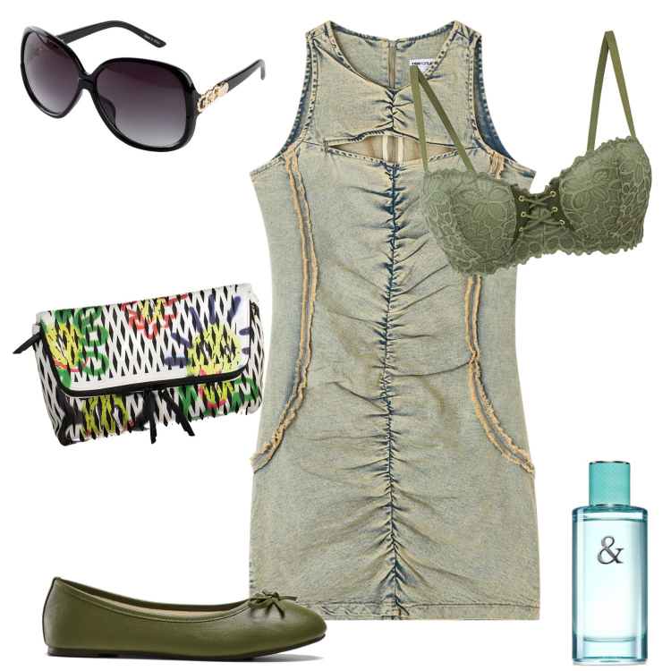 Outfit donna - Connubio sexy bon ton. Stile Glamour per Tutti i giorni. Abbinamento con occhiali da sole, ballerine, reggiseni a balconcino, profumi, vestiti senza maniche, borse a mano.