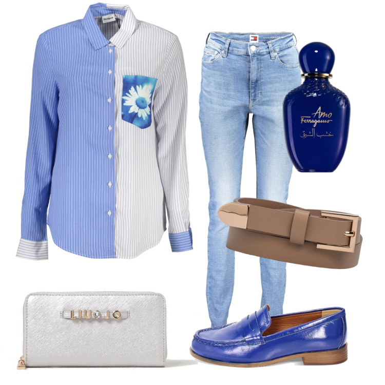 Outfit donna - Total look #1883619. Stile Trendy per Tutti i giorni. Abbinamento con profumi, mocassini, cinture, jeans skinny, portafogli, camicie.