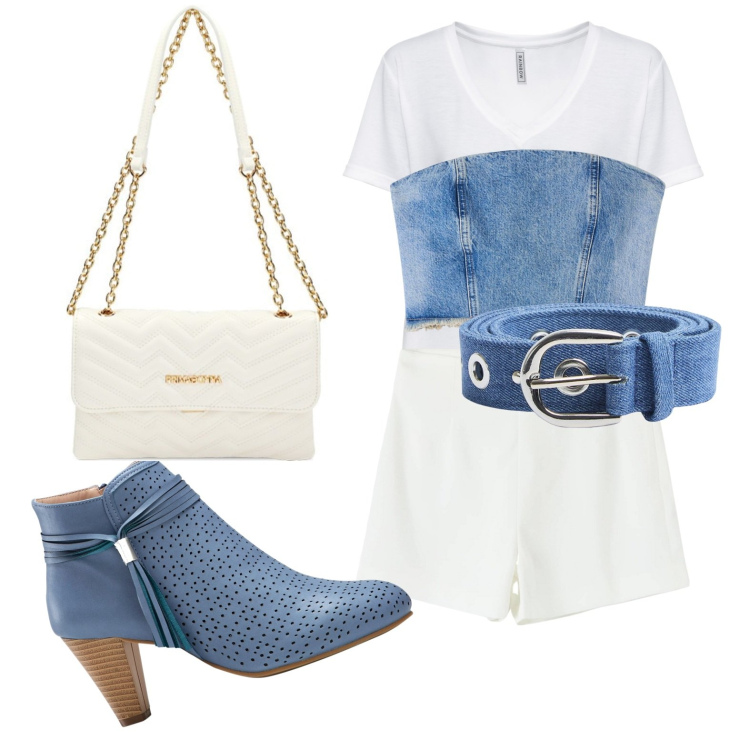 Outfit donna - Borsa gioiello con denim. Stile Sporty chic per Tutti i giorni. look ideale per Petite. Abbinamento con t-shirt, stivaletti, top, cinture, shorts, borse a tracolla.