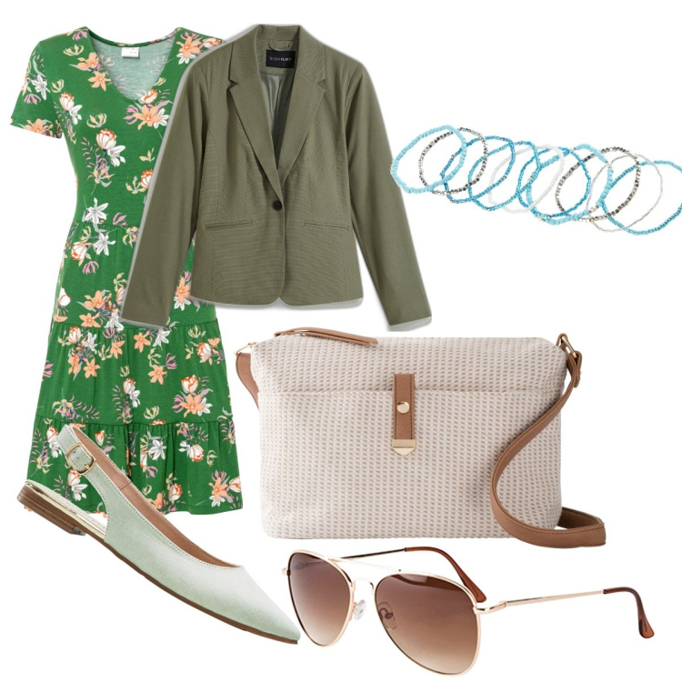 Outfit donna - Viva i fiori. Stile Boho per Tutti i giorni. Abbinamento con occhiali da sole, blazer, ballerine, vestiti, borse a tracolla, braccialetti.