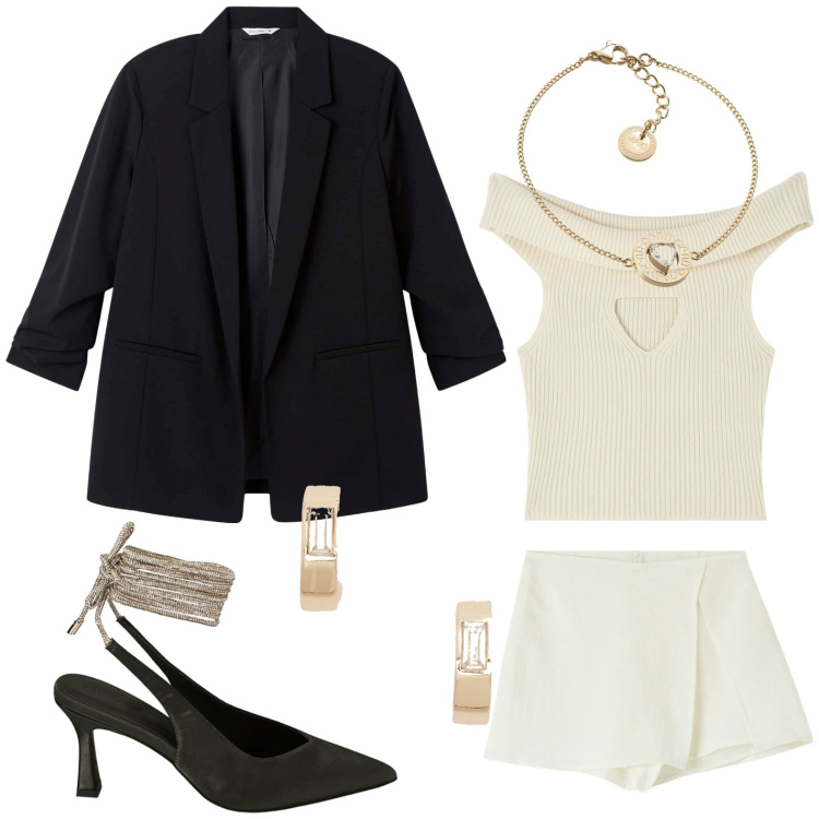 Outfit donna - Serata estiva in minigonna. Stile Casual chic per Tutti i giorni. look ideale per Petite. Abbinamento con minigonne, blazer, top, décolleté, orecchini, braccialetti.