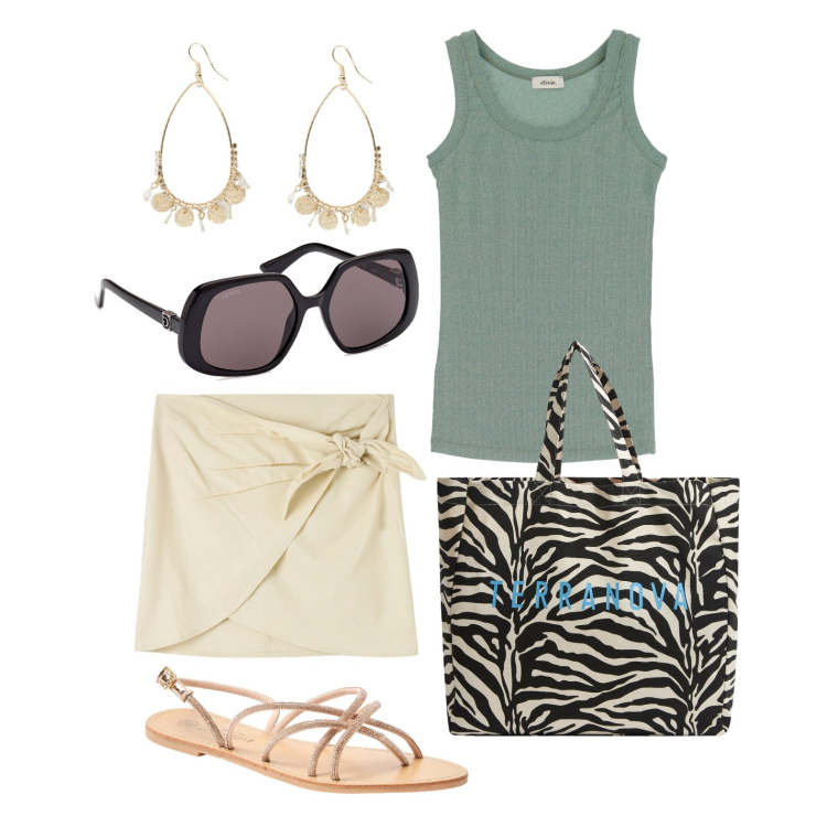 Outfit donna - Ghost outfitter - maggio. Stile Basic per Tutti i giorni. Abbinamento con sandali, borse tote, gonne, top, orecchini, occhiali da sole.