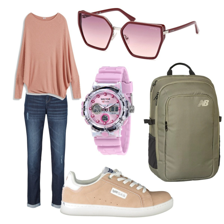 Outfit donna - Tempo Libero. Stile Casual chic per Tutti i giorni. Abbinamento con jeans boyfriend, maglieria, orologi, zaini, sneakers, occhiali da sole.