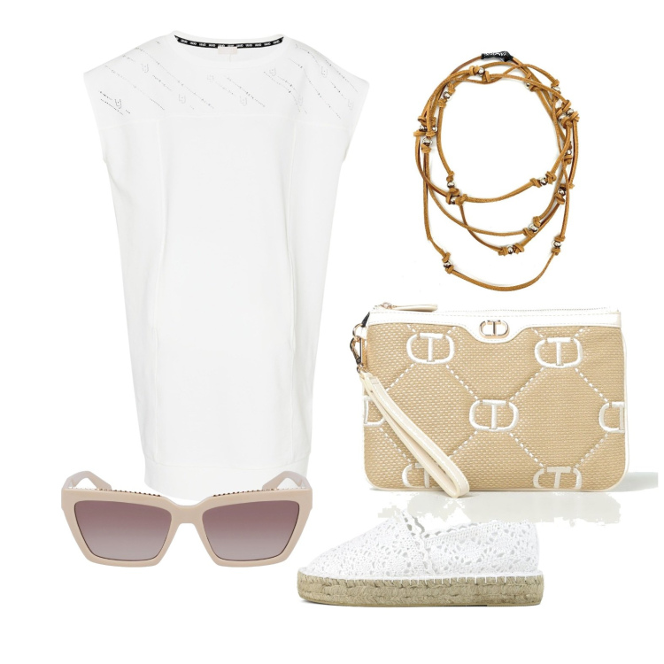 Outfit donna - Ghost outfitter - maggio. Stile Casual chic per Tutti i giorni. Abbinamento con collane, espadrillas, vestiti corti, clutch, occhiali da sole.