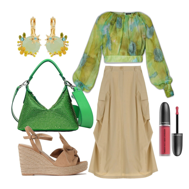 Outfit donna - Ghost outfitter - maggio. Stile Casual chic per Tutti i giorni. Abbinamento con orecchini, rossetti, gonne lunghe, top, espadrillas, borse a mano.