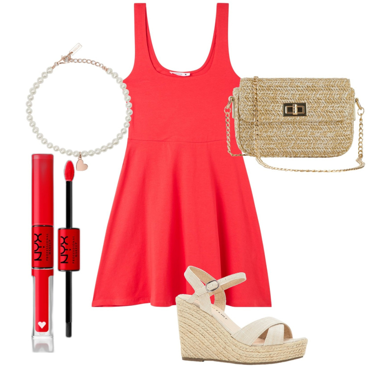 Outfit donna - Il vestitino midi Rosso. Stile Romantica per Tutti i giorni. Abbinamento con sandali, borse a mano, rossetti, vestiti midi/longuette, braccialetti.