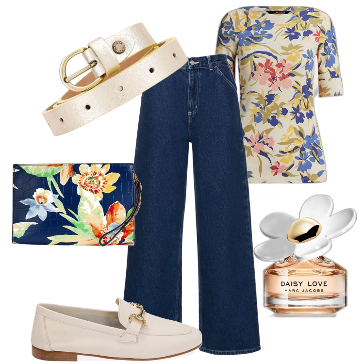 Outfit donna - Piovono fiori. Stile Casual chic per Tutti i giorni. Abbinamento con profumi, mocassini, cinture, maglieria, pochette, pantaloni.