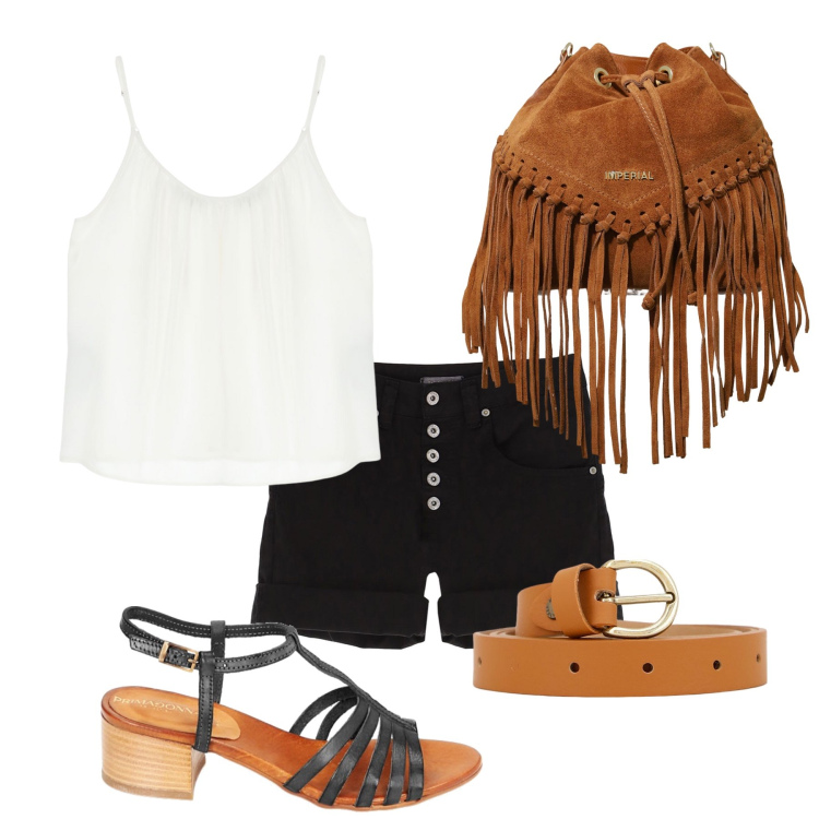 Outfit donna - Sea escape. Stile Casual per Mare. Abbinamento con shorts, top, borse a secchiello, sandali in pelle, cinture.