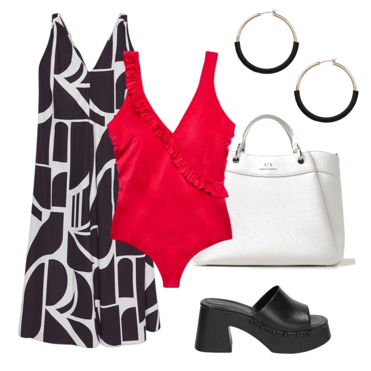 Outfit donna - Invito in spiaggia. Stile Casual chic per Mare. Abbinamento con zoccoli, orecchini, vestiti lunghi, borse tote, costumi interi.