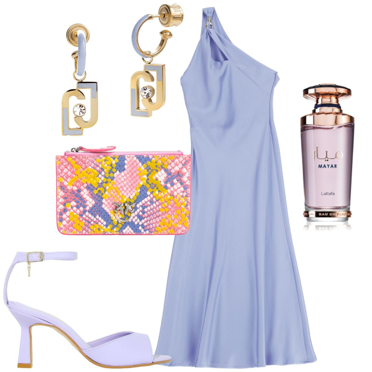 Outfit donna - Serata. Stile Chic per Serata fuori. Abbinamento con profumi, borse a spalla, vestiti asimmetrici, décolleté, orecchini.