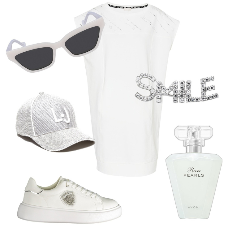 Outfit donna - Total White. Stile Trendy per Tutti i giorni. Abbinamento con orecchini, profumi, sneakers, vestiti corti, occhiali da sole, cappelli.