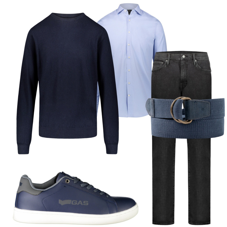 Outfit uomo - In ufficio. Stile Casual per Ufficio. Abbinamento con camicie, maglieria, jeans, cinture, sneakers.