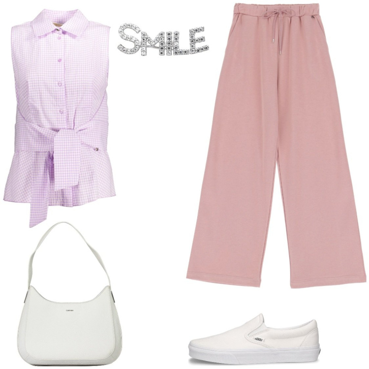 Outfit donna - Smile. Stile Casual per Ufficio. Abbinamento con orecchini, pantaloni, camicie, sneakers, borse a spalla.
