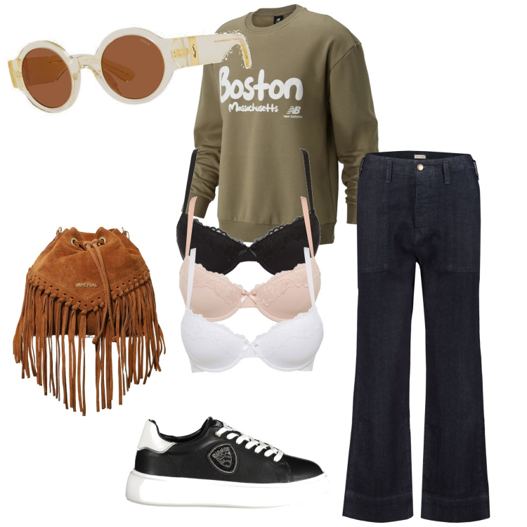 Outfit donna - Total look country chic. Stile Trendy per Tutti i giorni. Abbinamento con reggiseni, felpe, borse a secchiello, occhiali da sole, sneakers, jeans dritti.