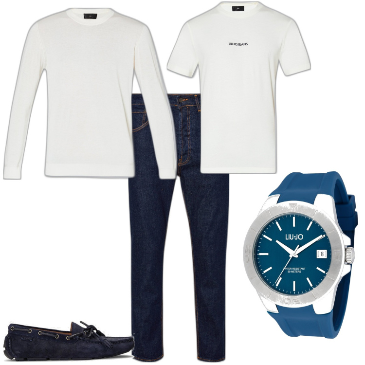 Outfit uomo - Trendy week end serata. Stile Trendy per Serata speciale. Abbinamento con scarpe stringate, t-shirt, orologi, pullovers, jeans.