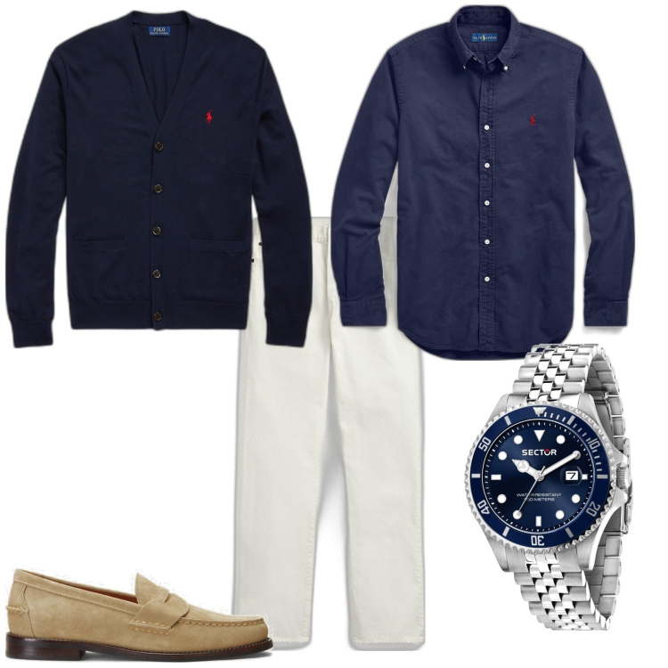Outfit uomo - Trendy week end serata. Stile Trendy per Serata speciale. Abbinamento con orologi, jeans dritti, cardigans, camicie, scarpe stringate.