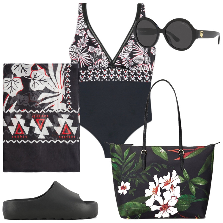 Outfit donna - Giornata al mare total black. Stile Casual per Mare. Abbinamento con borse tote, occhiali da sole, ciabatte, costumi interi, vestiti da spiaggia.