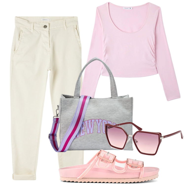 Outfit donna - Al mare. Stile Casual per Mare. Abbinamento con pantaloni chino, shopping bag, t-shirt, sandali, occhiali da sole.