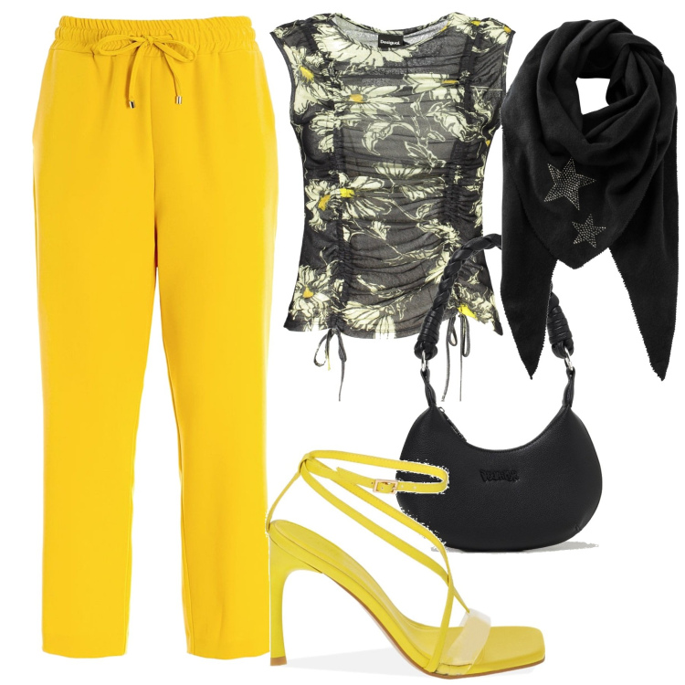 Outfit donna - Giallo e nero. Stile Chic per Serata fuori. Abbinamento con foulard, pantaloni, sandali col tacco, canottiere, borse a spalla.