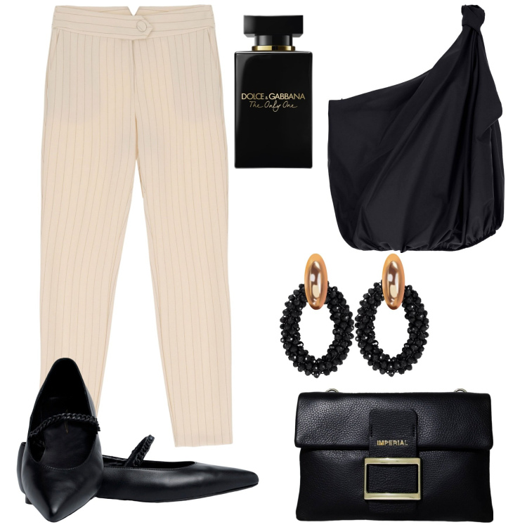 Outfit donna - Cena con i colleghi. Stile Casual chic per Serata fuori. Abbinamento con orecchini, profumi, top, pantaloni skinny, pochette, ballerine.