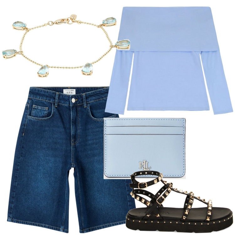 Outfit donna - Passeggiata al mare. Stile Casual chic per Mare. Abbinamento con braccialetti, bermuda, sandali, top, portafogli.