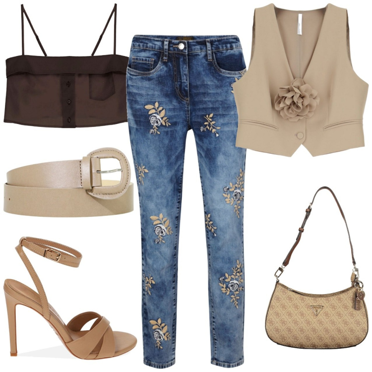Outfit donna - Tacchi a spillo. Stile Casual chic per Serata fuori. Abbinamento con jeans, cinture, gilet, top, sandali col tacco, borse a spalla.