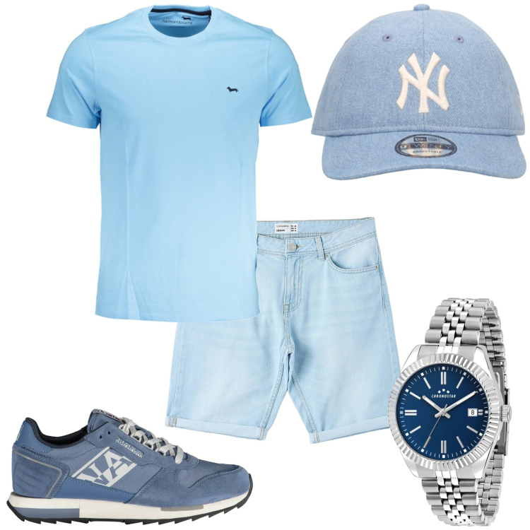Outfit uomo - Celeste polvere per la giornata. Stile Urban per Tutti i giorni. Abbinamento con orologi, bermuda, t-shirt, cappelli, sneakers.