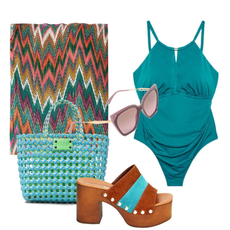 Outfit donna - Mare. Stile Glamour per Mare. Abbinamento con zoccoli, costumi interi, vestiti da spiaggia, occhiali da sole, borse tote.
