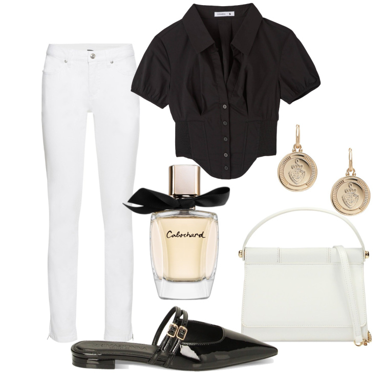 Outfit donna - Aperitivo con gli amici. Stile Casual chic per Tutti i giorni. Abbinamento con jeans skinny, profumi, camicie a manica corta, sabot, pochette, orecchini.