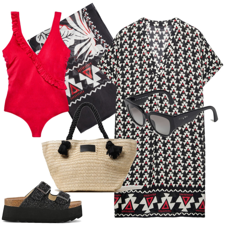 Outfit donna - Rosso passione. Stile Casual per Mare. Abbinamento con costumi interi, vestiti midi/longuette, zeppe, occhiali da sole, borse tote, vestiti da spiaggia.