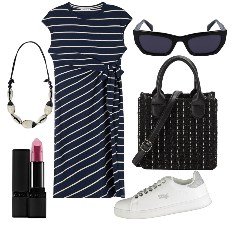 Outfit donna - Ghost outfitter - maggio. Stile Casual per Tutti i giorni. Abbinamento con rossetti, vestiti lunghi, shopping bag, sneakers, collane, occhiali da sole.