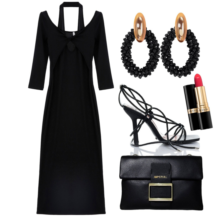 Outfit donna - Ghost outfitter - maggio. Stile Glamour per Serata fuori. Abbinamento con orecchini, rossetti, sandali alla schiava, vestiti midi/longuette, pochette.