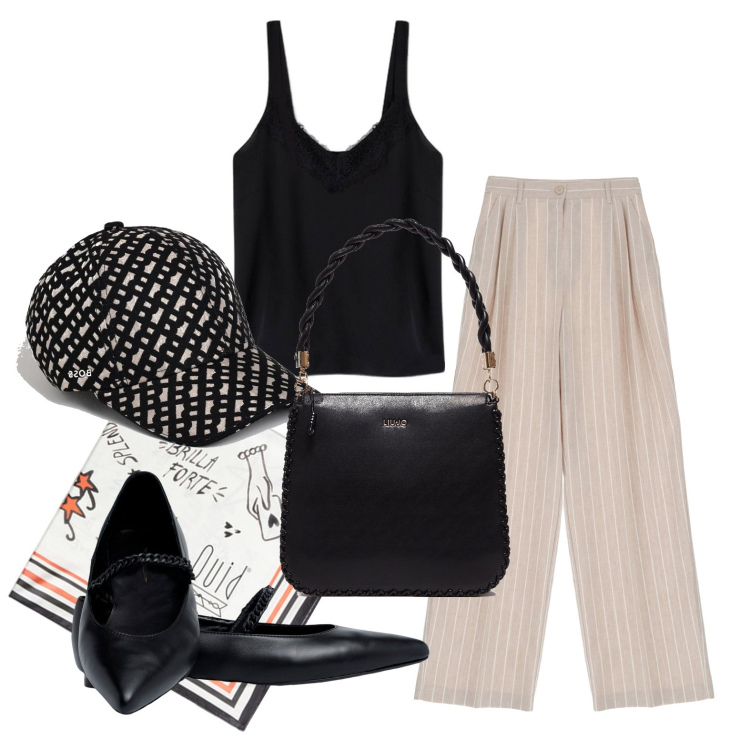 Outfit donna - Ghost outfitter - maggio. Stile Casual chic per Tutti i giorni. Abbinamento con pantaloni a palazzo, ballerine, top, foulard, borse a spalla, cappelli.