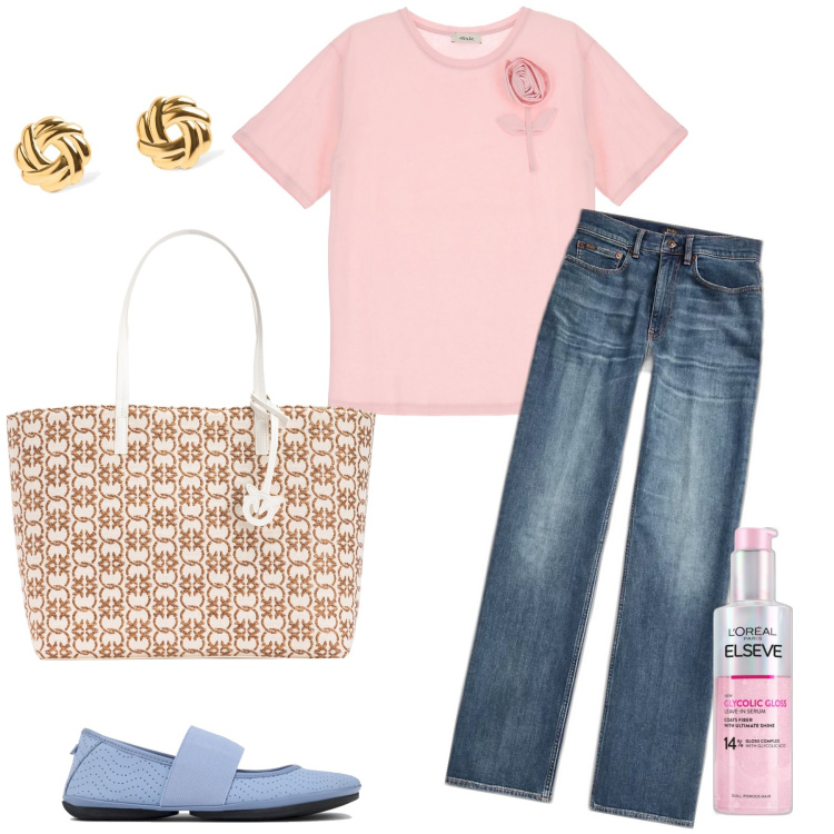 Outfit donna - Il jeans, ma romantico. Stile Casual chic per Tutti i giorni. Abbinamento con gloss, shopping bag, t-shirt, jeans dritti, ballerine, orecchini.