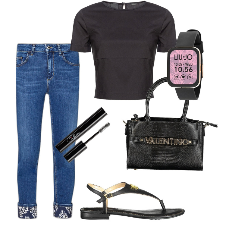 Outfit donna - Total look #1883930. Stile Trendy per Tutti i giorni. Abbinamento con mascara, top, ciabatte, jeans skinny, collane, orologi.