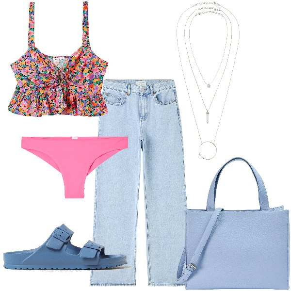 Outfit donna - Total look #1883955. Stile Basic per Tutti i giorni. Abbinamento con ciondoli, jeans, culotte, shopping bag, top, sandali.