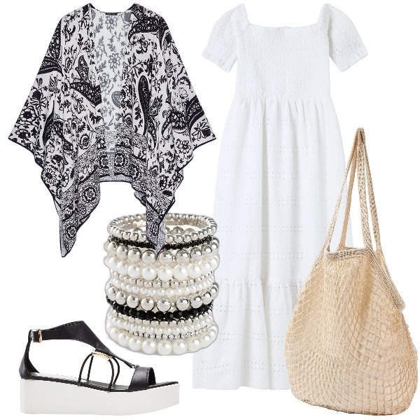 Outfit donna - Total look #1883971. Stile Boho per Serata fuori. Abbinamento con braccialetti, sandali col tacco, vestiti lunghi, borse a spalla, kimono.