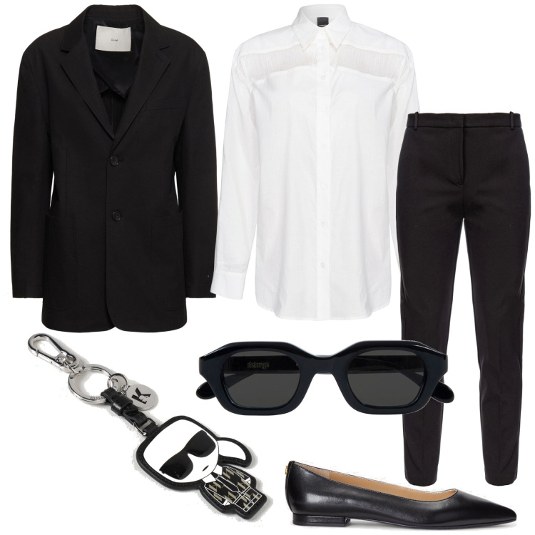 Outfit donna - Total look #1883975. Stile Mannish per Ufficio. Abbinamento con pantaloni, camicie, ballerine, occhiali da sole, blazer, portachiavi.