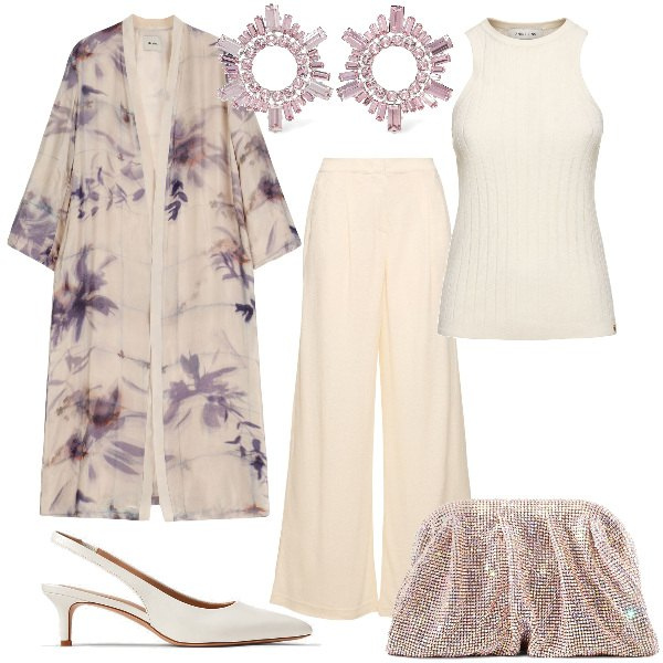 Outfit donna - Total look #1883977. Stile Chic per Cerimonia. Abbinamento con décolleté, trench, pantaloni, top, pochette, orecchini.