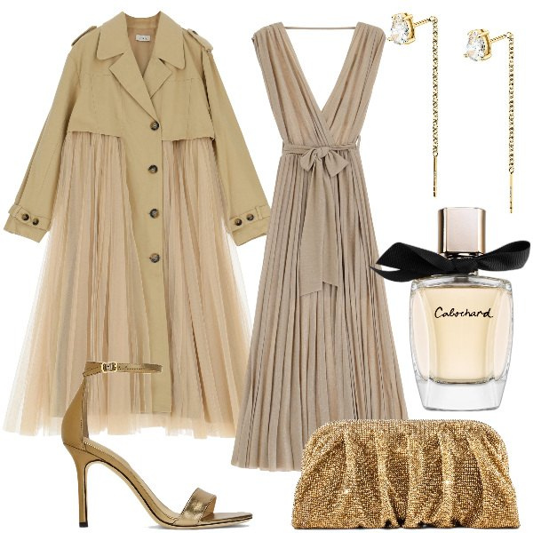 Outfit donna - Total look #1883978. Stile Chic per Cerimonia. Abbinamento con orecchini, profumi, trench, vestiti lunghi, sandali in pelle, pochette.