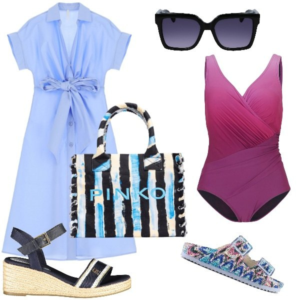 Outfit donna - Pausa lavoro al mare. Stile Urban per Ufficio. Abbinamento con costumi interi, shopping bag, vestiti midi/longuette, sandali, sandali col tacco, occhiali da sole.