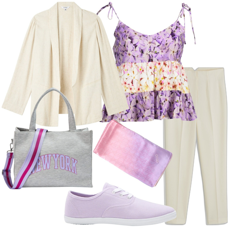 Outfit donna - Casual. Stile Casual per Tutti i giorni. Abbinamento con pantaloni, sneakers, blazer, shopping bag, sciarpe, canottiere.