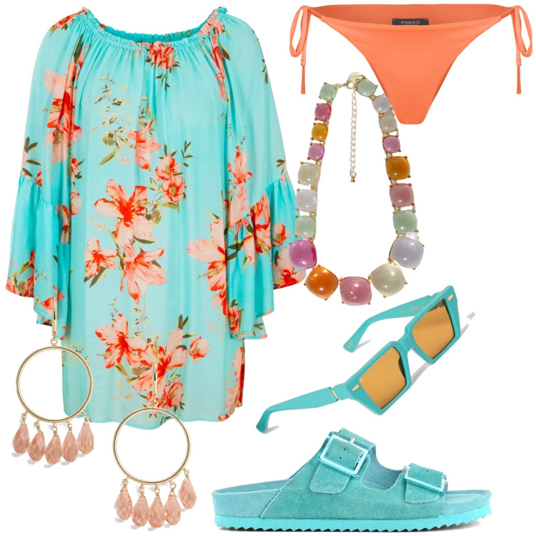 Outfit donna - Al.mare. Stile Casual per Tutti i giorni. Abbinamento con vestiti da spiaggia, bikini, collane, orecchini, sandali, occhiali da sole.