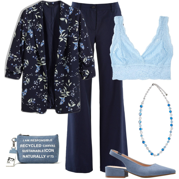 Outfit donna - Aperitivo con le amiche. Stile Casual chic per Serata fuori. Abbinamento con pantaloni, décolleté, blazer, canottiere, collane, borse a tracolla.