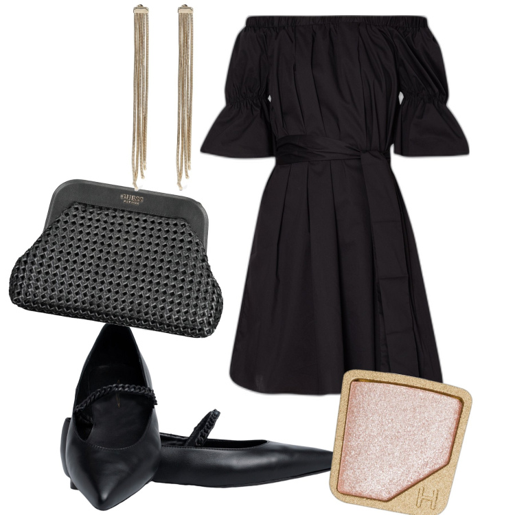 Outfit donna - Black with gold. Stile Chic per Serata fuori. Abbinamento con ombretti, ballerine, vestiti corti, orecchini, borse a mano.