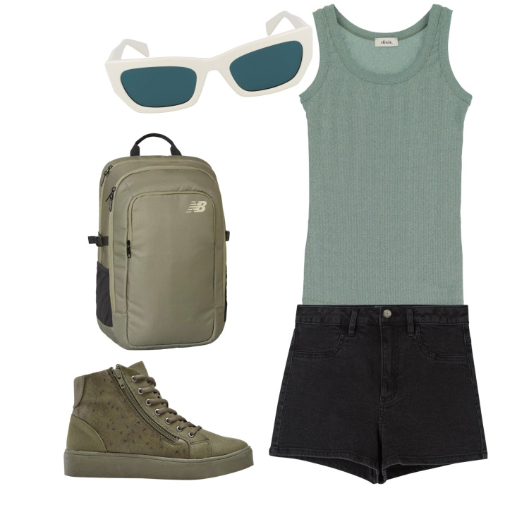 Outfit donna - Lo sport è sempre ok. Stile Casual per Sport. Abbinamento con sneakers alte, shorts, zaini, top, occhiali da sole.