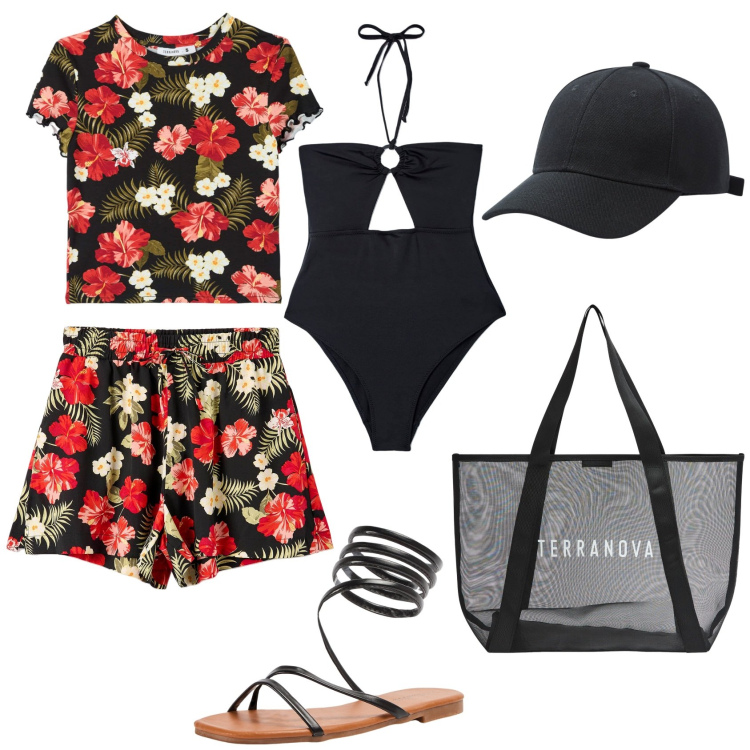 Outfit donna - Bantoa Summer Outfit Floreale. Stile Casual per Mare. Abbinamento con cappelli, costumi interi, t-shirt, shorts, shopping bag, sandali.